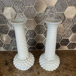 Pair of vintage E.O. Brody White Milk Glass Hobnail Vases